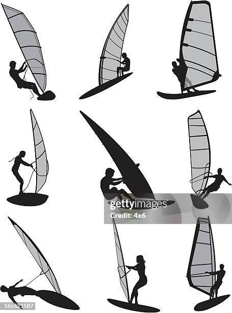 ilustrações, clipart, desenhos animados e ícones de silhuetas de windsurfe - windsurfe
