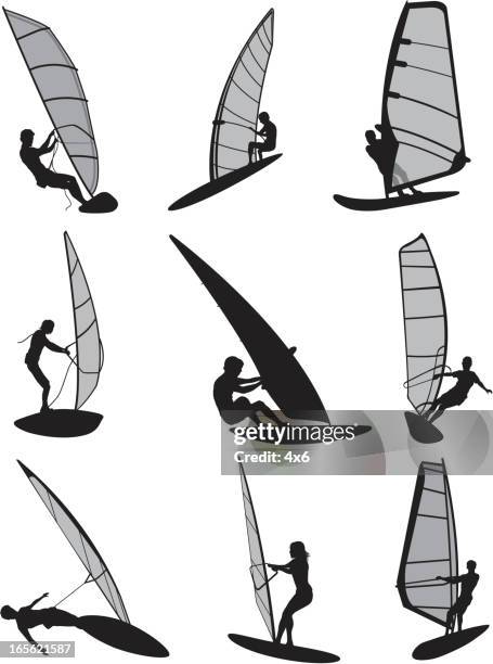 bildbanksillustrationer, clip art samt tecknat material och ikoner med windsurfing silhouettes - vindsurfing