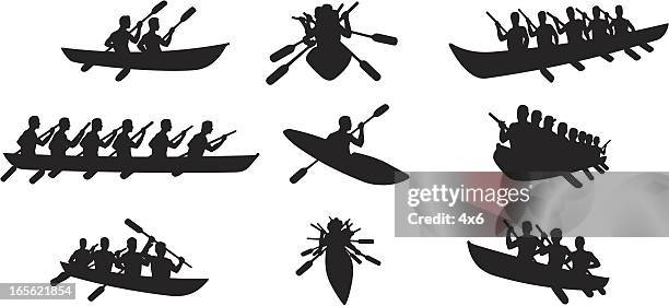 canoe silhouettes - people on canoe clip art stock illustrations