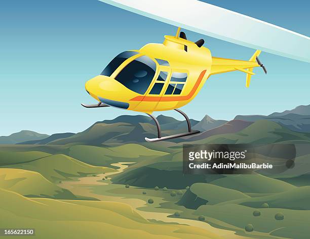 cartoon helicopter flying over valley landscape - piloting stock illustrations