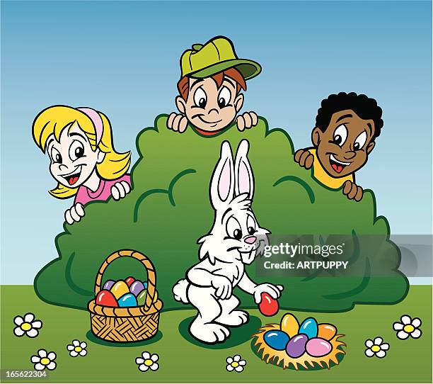 kids and easter bunny - easter basket stock illustrations