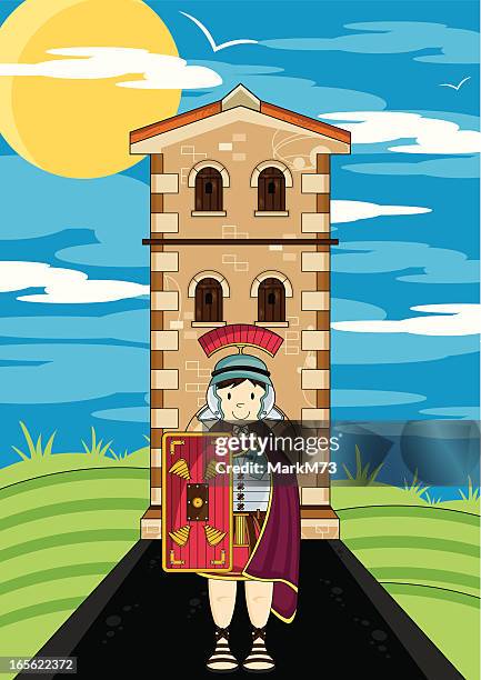 roman soldier guarding fort tower - roman soldier cartoon stock illustrations