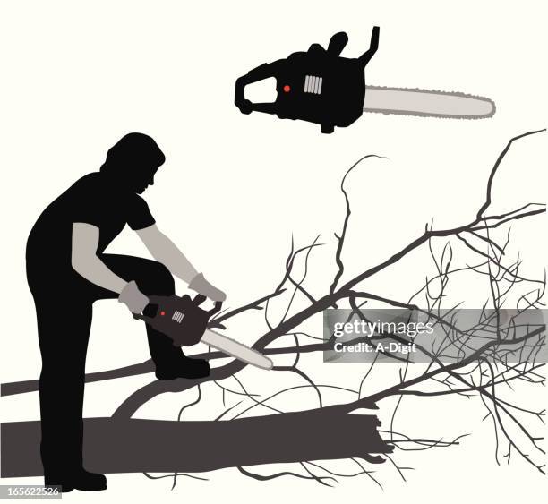 chain sawing vector silhouette - fallen tree stock illustrations