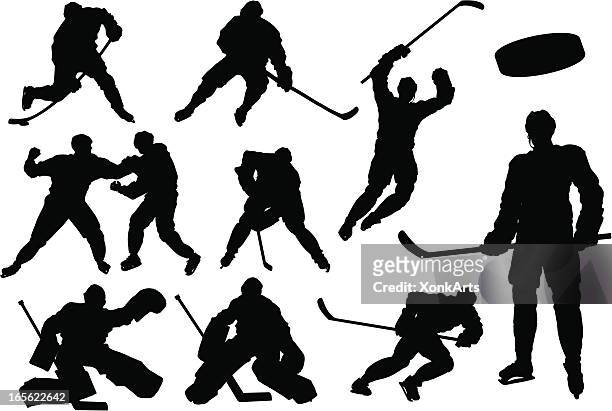 illustrazioni stock, clip art, cartoni animati e icone di tendenza di silhouette di hockey - hockey su ghiaccio