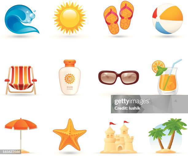 illustrazioni stock, clip art, cartoni animati e icone di tendenza di icone universali-sole, mare e sabbia - ombrellone da spiaggia