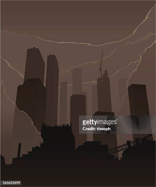 ilustrações de stock, clip art, desenhos animados e ícones de arranha-céus de fumo - apocalypse
