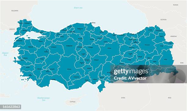 illustrated map of turkey in blue - turkey stock illustrations