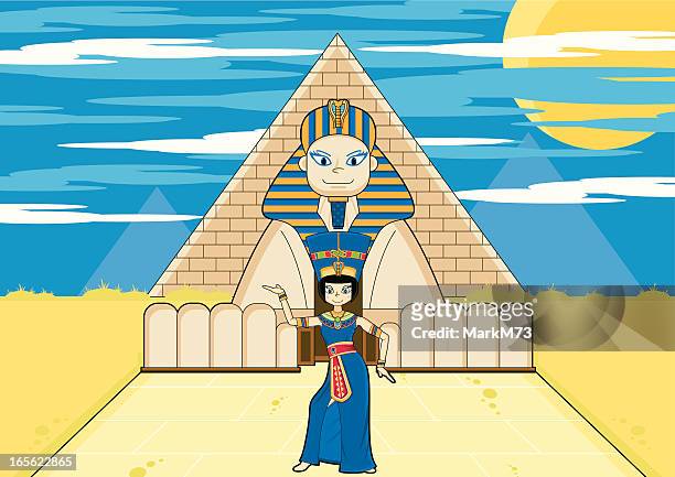 queen nefertiti egyptian & sphinx - girl gold dress stock illustrations