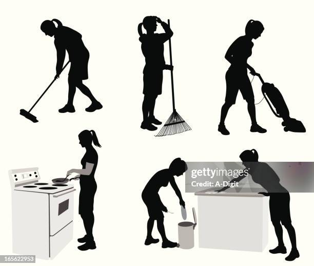 ilustraciones, imágenes clip art, dibujos animados e iconos de stock de housechores - mujer joven cocinando