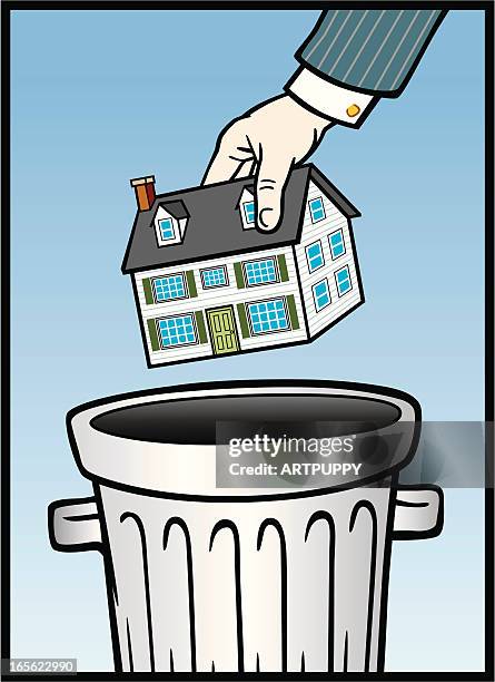 house going in trash can - housing crisis stock illustrations