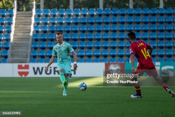 Denis Polyakov of Bielorrusia in action during the UEFA EURO 2024 qualifying round group I match between Andorra v Bielorrusia at Estadi Nacional d...