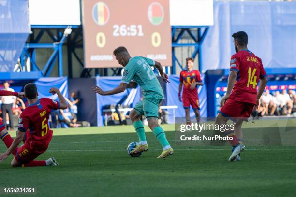 Players in action during the UEFA EURO 2024 qualifying round group I match between Andorra v Bielorrusia at Estadi Nacional d Andorra on September 9.