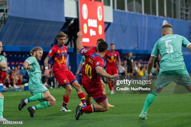 Players in action during the UEFA EURO 2024 qualifying round group I match between Andorra v Bielorrusia at Estadi Nacional d Andorra on September 9.