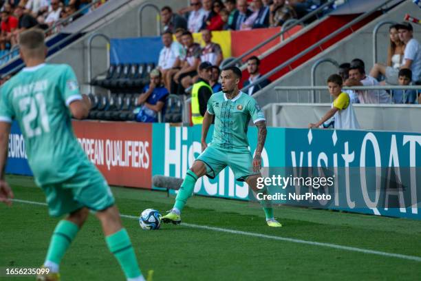 Maks Ebong of Bielorrusia in action during the UEFA EURO 2024 qualifying round group I match between Andorra v Bielorrusia at Estadi Nacional d...