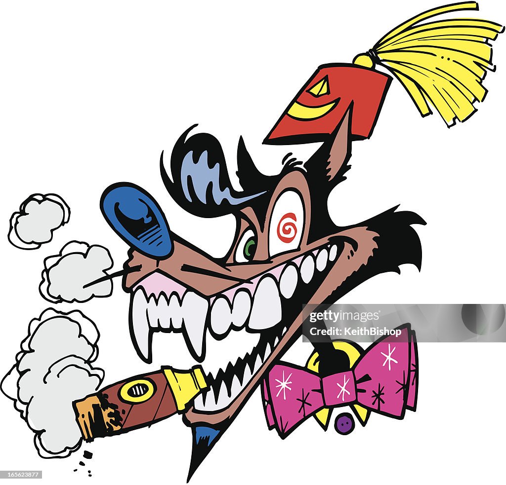Lobo Soplando humo con habano y corbata de moño
