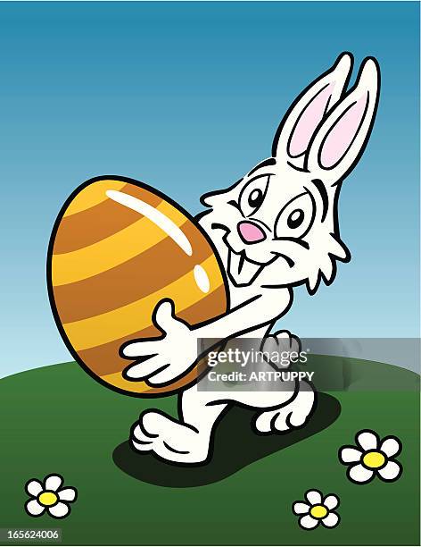 easter bunny holding egg - springtime walk stock illustrations