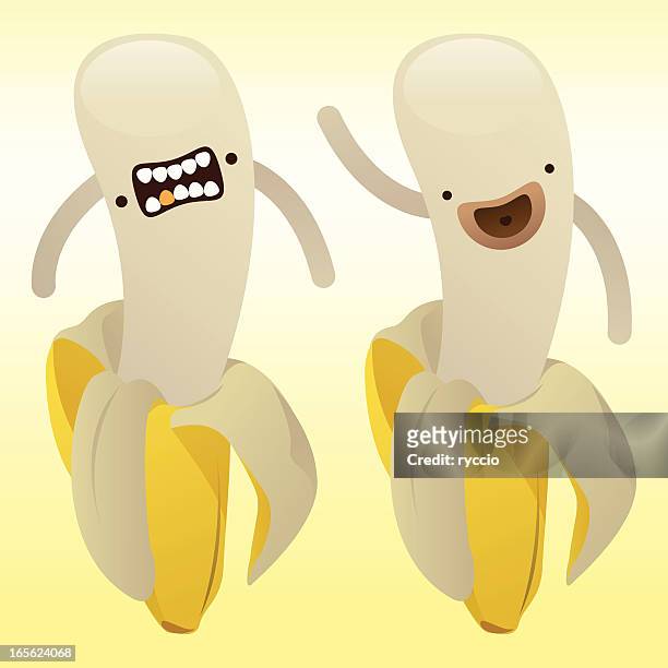 illustrazioni stock, clip art, cartoni animati e icone di tendenza di due banana mostro-felice e falso - manga fruta tropical