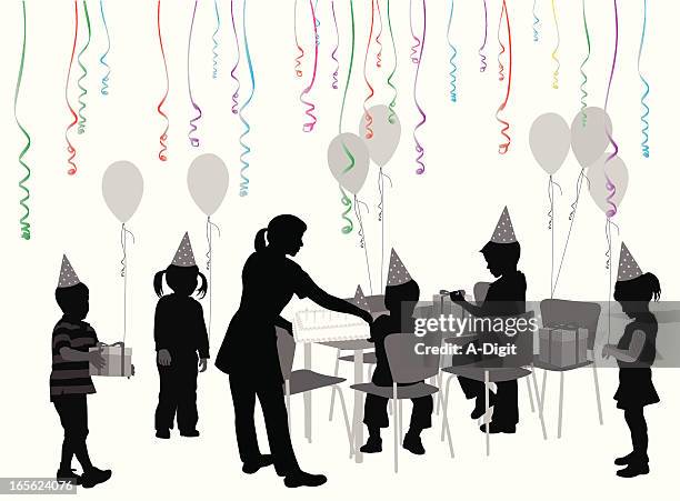 kid's birthday vector silhouette - birthday cake table stock illustrations