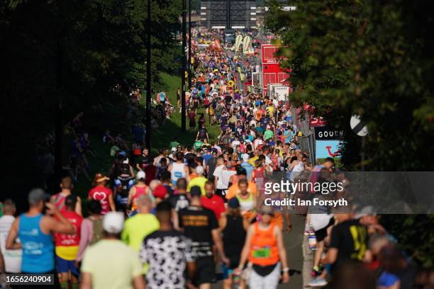 Runners make their way to the start before the Great North Run on September 10, 2023 in Newcastle upon Tyne, England.