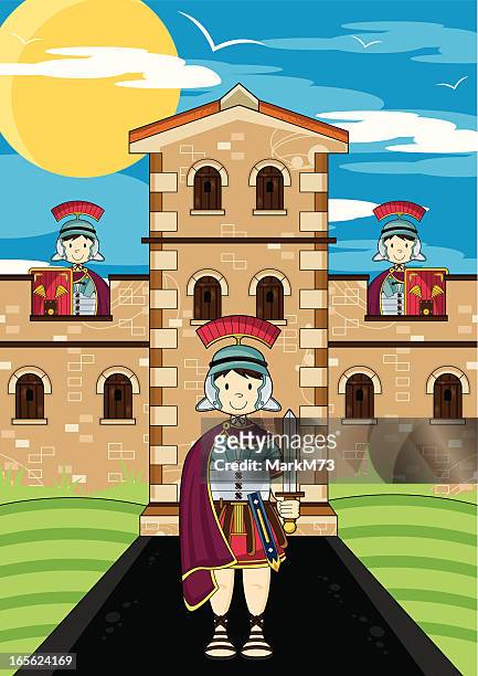 roman soldiers guarding fort tower - roman soldier cartoon stock illustrations