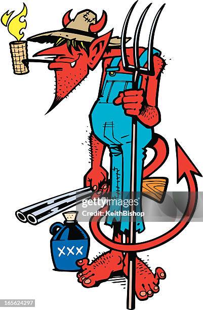 devil hillbilly with pitchfork, shotgun and liquor bottle - moonshine jug stock illustrations