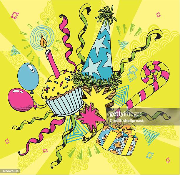 birthday doodles - surprise birthday party stock illustrations