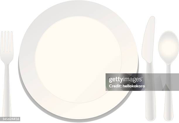 plate and utensils - white table setting stock illustrations