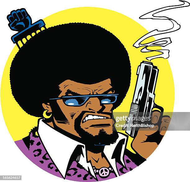 gangster -70's brother with hair pick and smoking gun - pimp stock illustrations