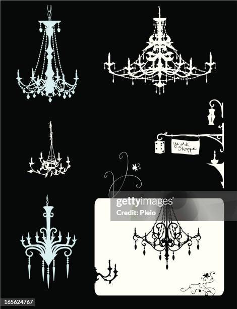 silhouette illustrations of assorted chandeliers candles and lanterns - chandelier vector stock illustrations