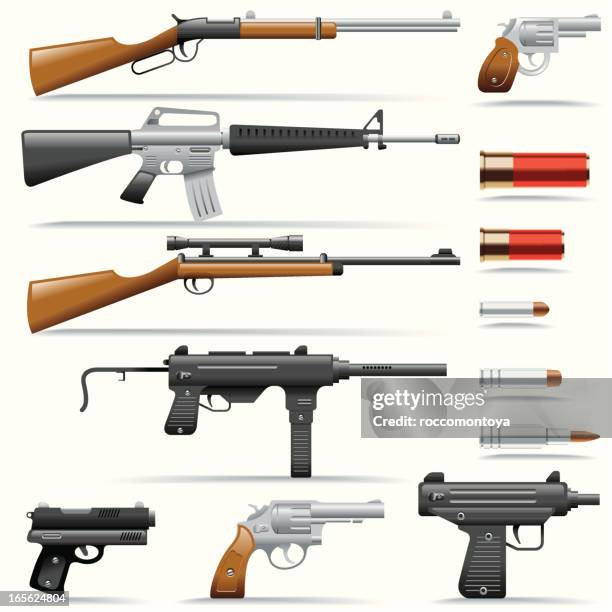 ilustraciones, imágenes clip art, dibujos animados e iconos de stock de conjunto de iconos de armas - subfusil uzi