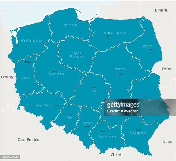 a blue map of poland showing the regions - poland map stock illustrations