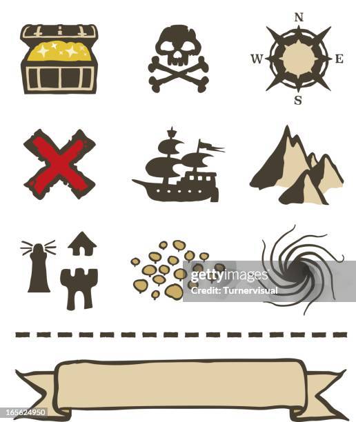 ilustraciones, imágenes clip art, dibujos animados e iconos de stock de mapa del tesoro iconos y elementos - mapa del tesoro