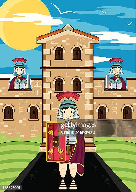 roman soldiers guarding fort tower - roman soldier cartoon stock illustrations