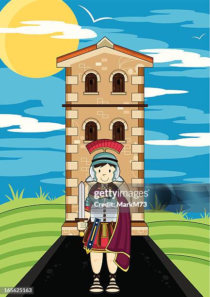 roman soldier guarding fort tower - roman soldier cartoon stock illustrations