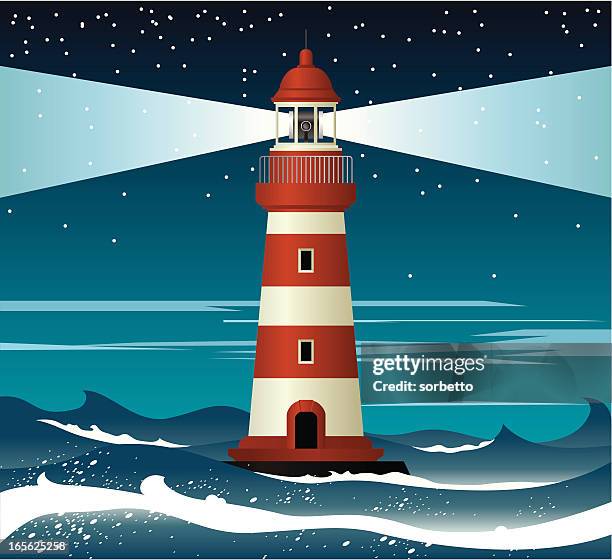 illustration of red and white lighthouse surrounded by waves - lighthouse stock illustrations