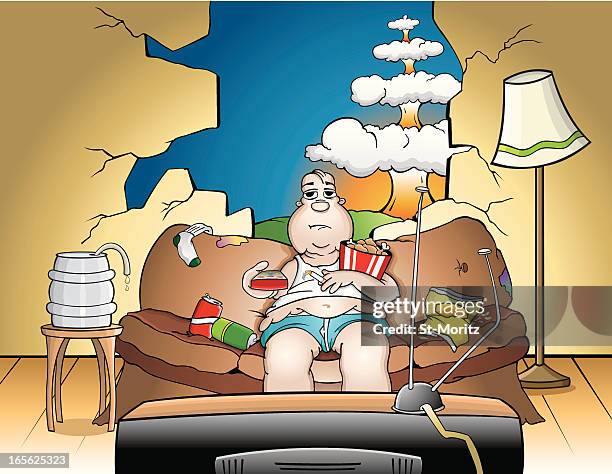 couch potato watching tv - lazy stock illustrations