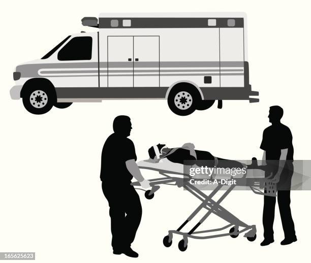 paramedics and patient vector silhouette - stretcher stock illustrations