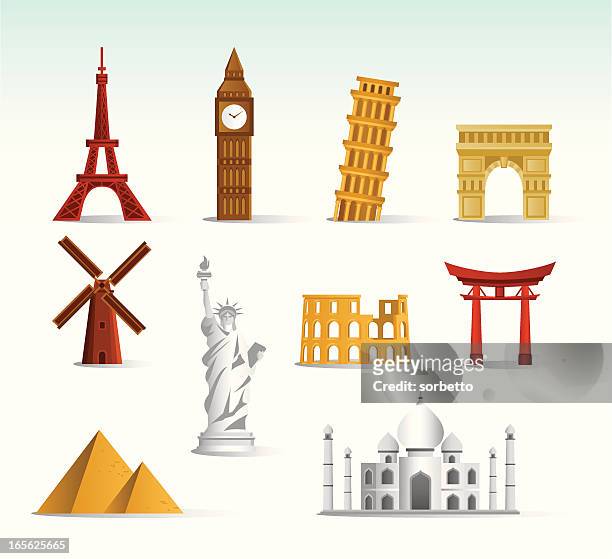 world landmark icon set - leaning tower of pisa stock illustrations
