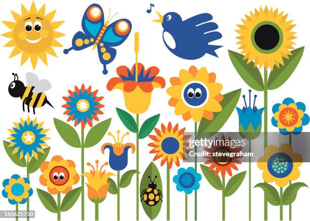 spring flower garden with insects - bees and butterflies stock illustrations