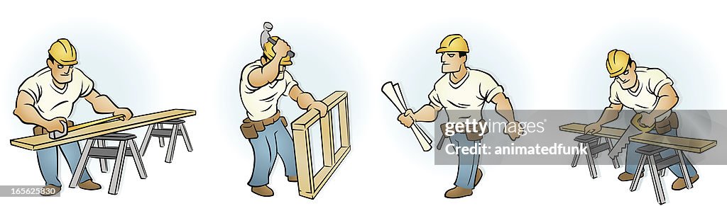 Construction Worker Performing Various Carpentry and Building Tasks