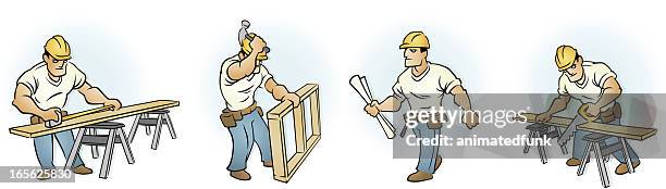 construction worker performing various carpentry and building tasks - construction worker walking stock illustrations