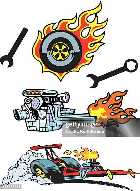 dragster-rennen motors, krawatte und schraubenschlüssel - cartoon tire stock-grafiken, -clipart, -cartoons und -symbole