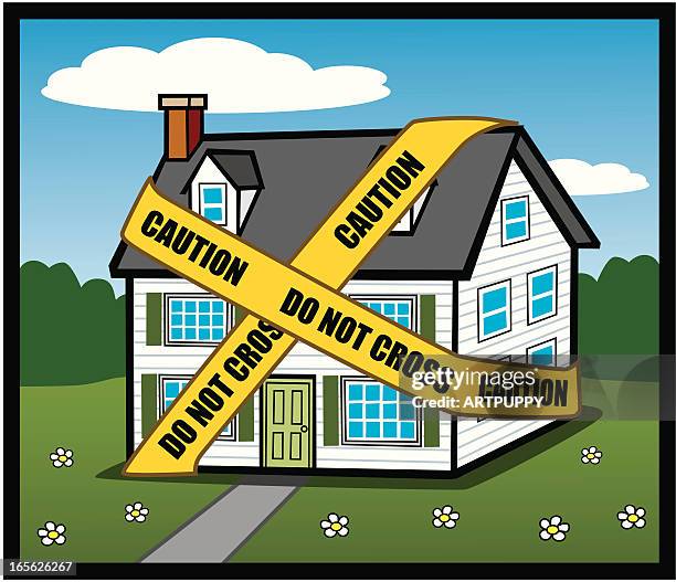 house under caution tape - foreclosure stock illustrations