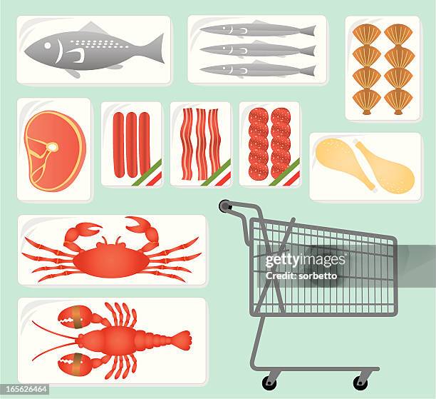 supermarket seafood collection - frozen meat stock illustrations