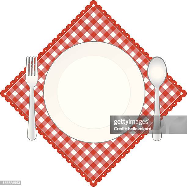 red checker place setting - place setting isolated stock illustrations