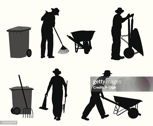 ilustraciones, imágenes clip art, dibujos animados e iconos de stock de paisajista - horca artículos de jardín