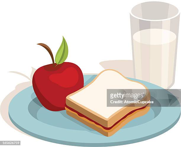 ilustraciones, imágenes clip art, dibujos animados e iconos de stock de almuerzo: bocadillo con mantequilla de cacahuete y mermelada con manzana, leche - peanut butter and jelly sandwich