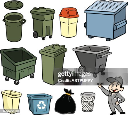 A illustration of a garbage man and trash cans A illustration of a garbage man and trash cans