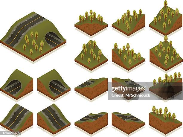 isometric road toolkit - hill and tunnel - hill stock illustrations