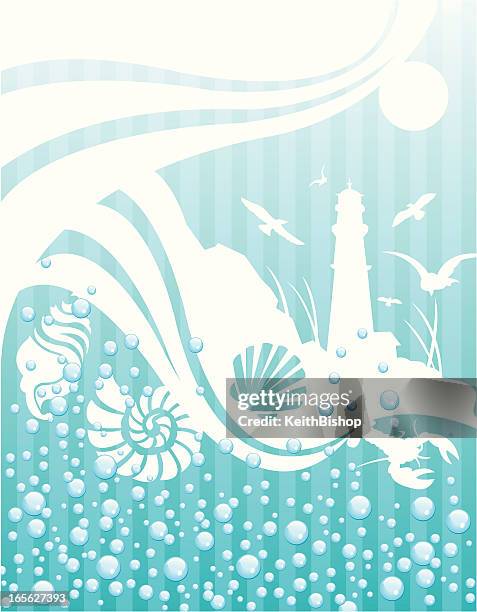 lighthouse, shells and bubbles background - lighthouse waves stock illustrations